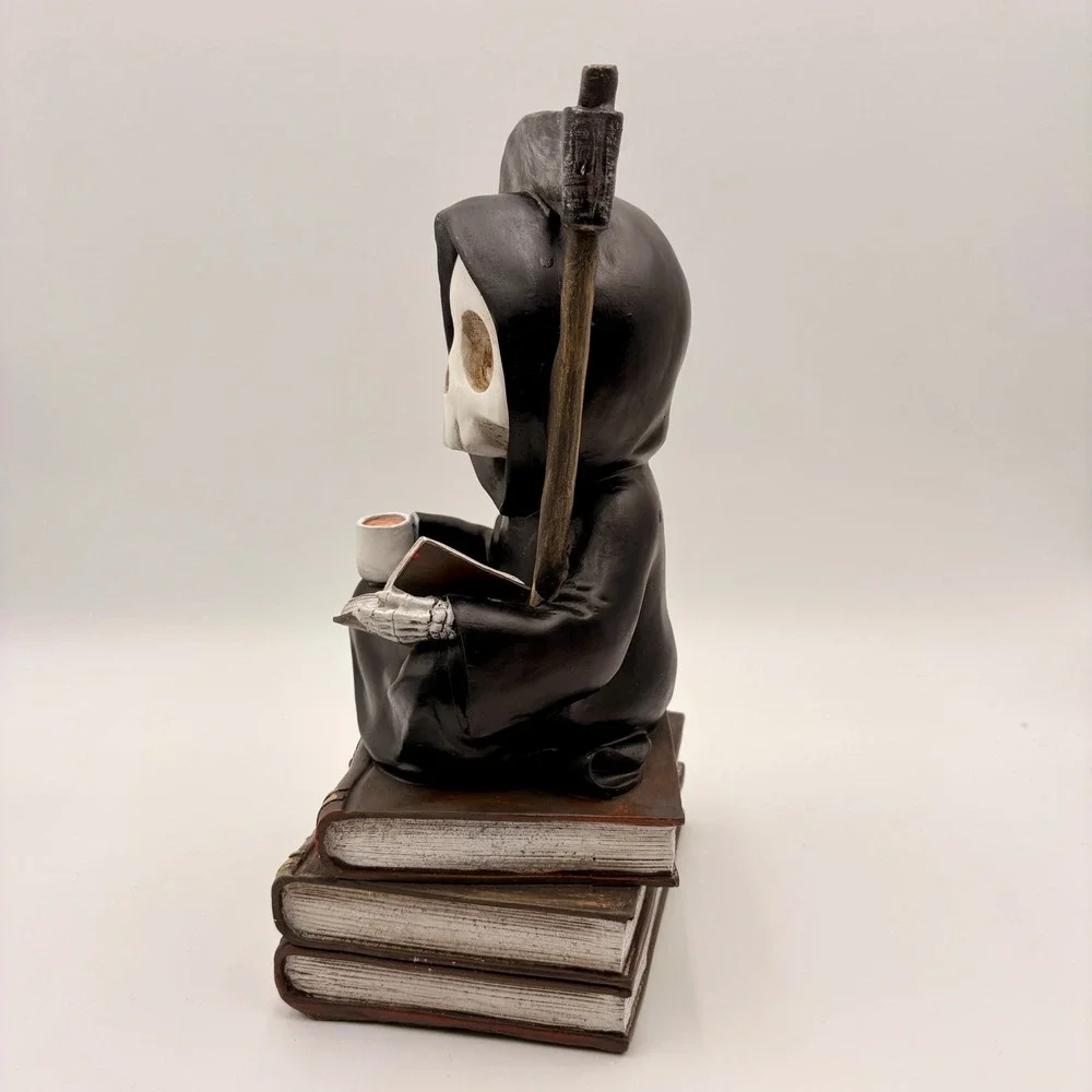 Halloween Grim Reaper Sitting on Books Coffee Scythe Resin Figurine Statue